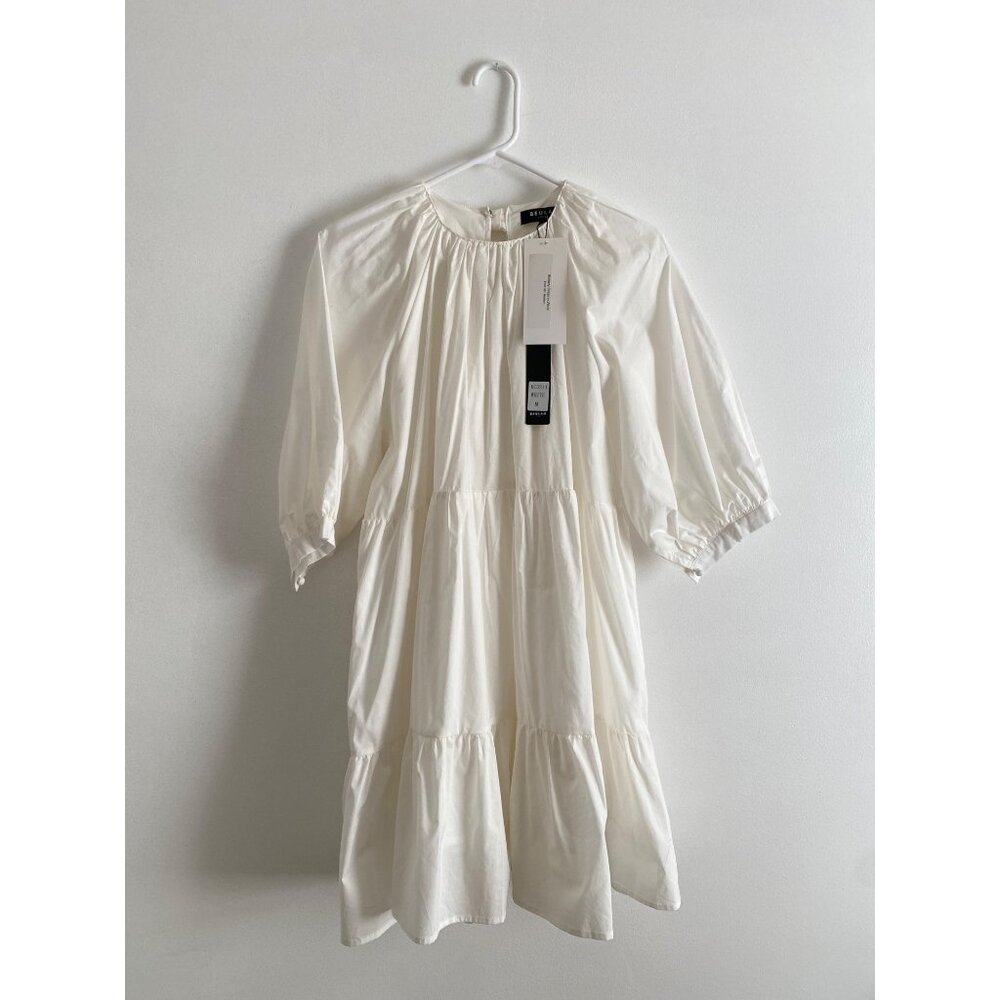 NWT Beulah Style White Tiered Puff Sleeve Dress With Cutout Bow Detail Size M